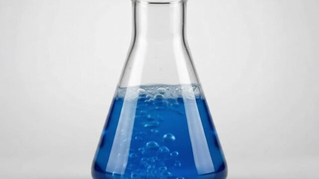 Erlenmeyer flask with blue liquid and bubbles isolated on white background