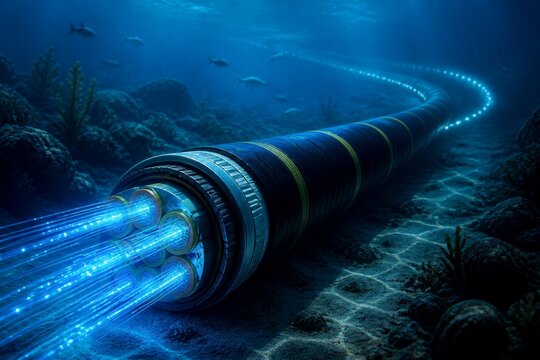 Deep ocean holds glowing submarine cable. Cable runs along rocky seabed, softly lit. Blue light pulses from its interior, illuminating surroundings. Fish swim nearby, unbothered by its presence