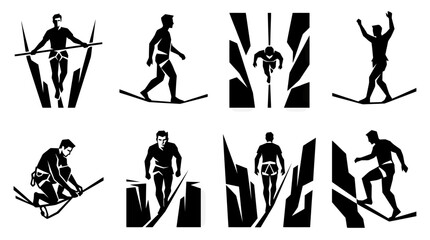 Silhouette of Climbers and Slackliners Performing Extreme Sports © rexus