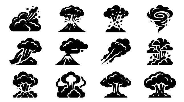 Explosion and Tornado Icons: Blast, Volcano, Hurricane, Mushroom Cloud