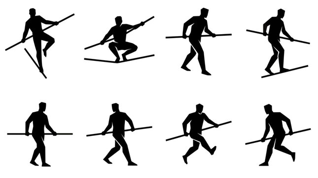 Silhouette of a tightrope walker performing various balancing acts on a wire