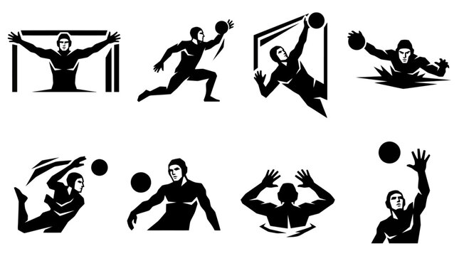 Handball Goalkeeper Silhouette Icons Set, Dynamic Action Poses