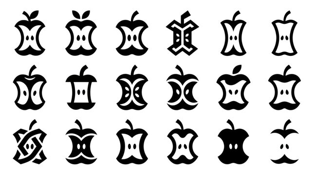 Collection of stylized apple core icons, black and white, simple graphic design