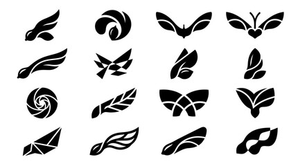 Obraz premium Abstract Black Logos and Symbols Collection: Wings, Leaves, Swirls, Geometric Shapes