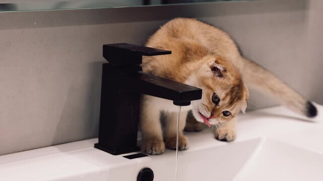 Playful Scottish Fold golden chinchilla kitten reaching toward sink tap with fascination and natural curiosity indoors, 4k