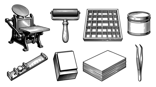 Vintage Letterpress Printing Tools and Equipment Set, Monochrome Engraving Style Vector Illustration featuring Hand Press, Ink Roller, Type Case, Composing Stick, and Paper