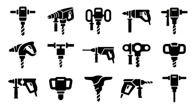 Collection of Pneumatic Hammer and Drill Icons for Construction and Renovation
