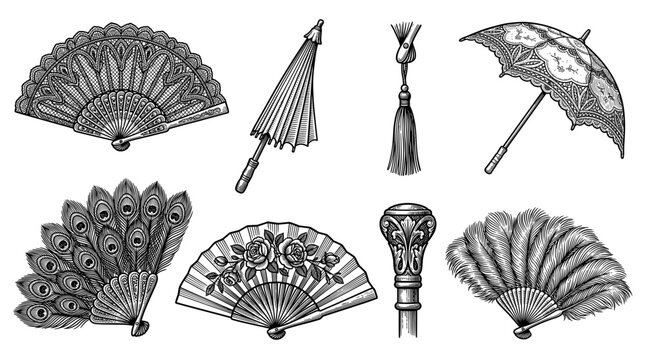 Vintage Victorian Accessories Collection: Elegant Hand Fans, Lace Parasol, Decorative Tassel and Cane Handle. Set of Antique Engraving Style Illustrations for Classic Fashion Design.