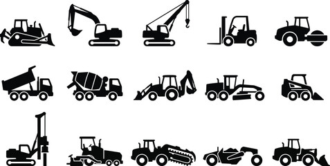 Construction Vehicles Lineup Black and White Flat Design Vector Illustration © Nazrulnt01