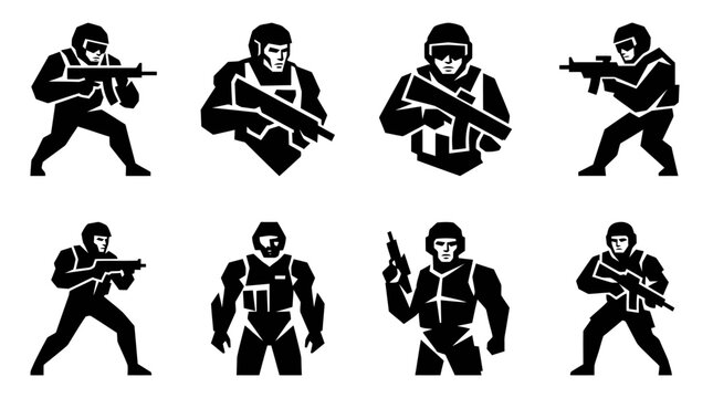 Silhouette Soldiers with Weapons, Military Action Figures, Vector Icons