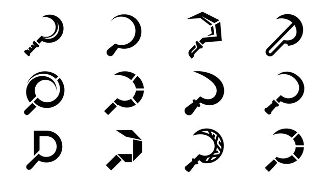 Collection of stylized sickle icons, agricultural tool graphic elements