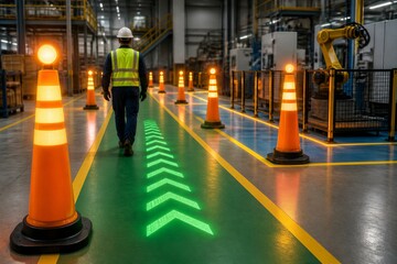 Fototapeta premium Worker walks down factory aisle lined with glowing cones. Bright green arrows guide path through industrial setting. Robot arm stands idle nearby, hinting at automation. Worker moves purposefully