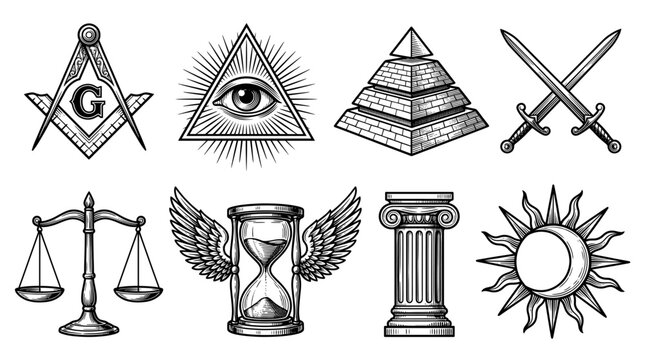 Set of Vintage Masonic and Esoteric Symbols, All-Seeing Eye, Square and Compass, Pyramid, Hourglass with Wings, and Celestial Icons in Engraving Style