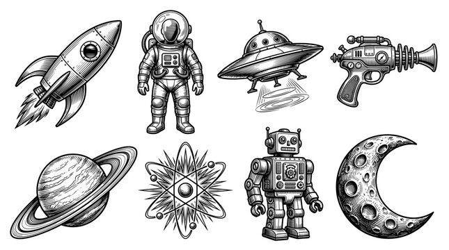 Retro Space Exploration Vector Illustration Set Featuring Astronaut Rocket UFO Planet and Vintage Robot in Engraving Woodcut Style for Science Fiction and Astronomy Design