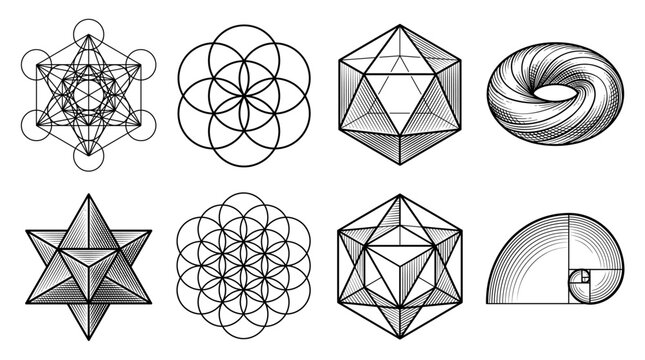 Sacred Geometry Symbols Set: Flower of Life, Metatron's Cube, Merkaba, Golden Ratio, Torus and Platonic Solids. Minimalist Black Line Art Vector Illustration.