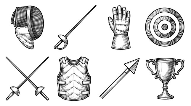 Set of Fencing Sport Equipment Icons Hand Drawn in Vintage Engraving Style Including Mask Sword Glove Trophy and Protective Vest