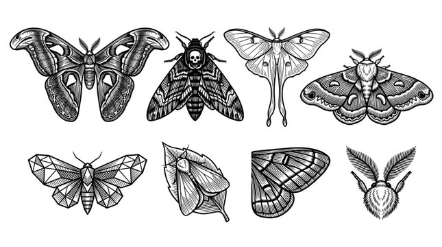 Collection of Vintage Engraving Style Moth and Butterfly Vector Illustrations Featuring Death's-Head, Luna, and Atlas Moths