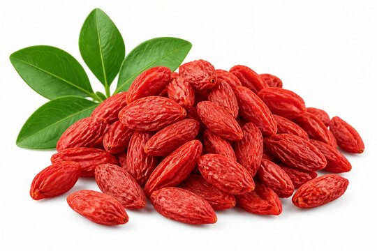 Fresh red goji berries pile with green leaves. Natural, vibrant, and rich in color. Perfect for health, wellness, or food branding. No people, just pure, clean botanical beauty