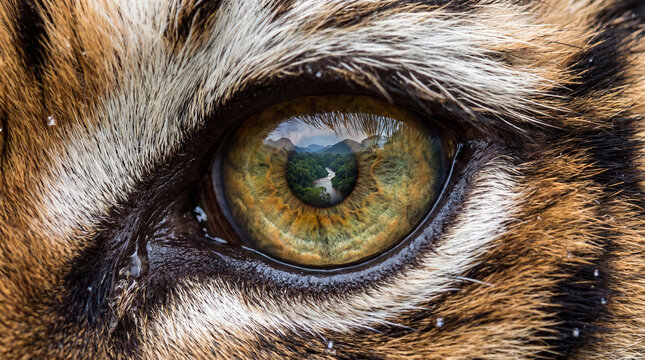 Extreme close up of tiger eye with reflection of river and jungle landscape. Wild animal gaze capturing nature. Concept of predator vision and connection to habitat in the wilderness.