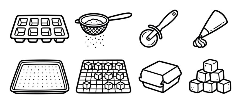 Collection of eight hand-drawn kitchen utensils and food icons in a minimalist black and white line art style, including a pizza cutter, piping bag, sieve, and baking tray