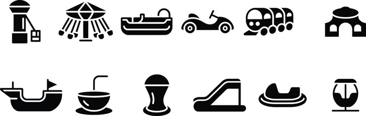 Amusement park rides icons featuring carousel swing, bumper cars, train, boat attractions, slide, and funfair carnival entertainment and theme public © pyenga