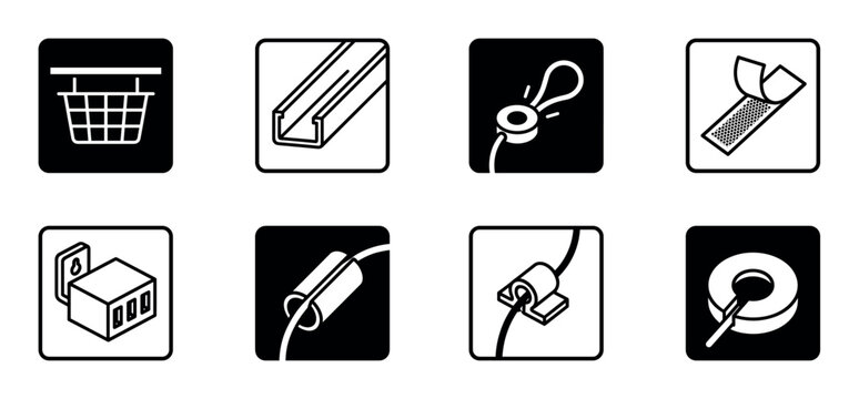 Set of eight cable management icons showing various hardware solutions like a wire basket, raceway, ties, clips, and sleeves in a minimalist black and white pictogram style