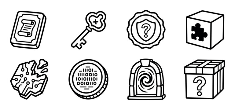 Hand-drawn black and white icon collection featuring a mystery box, puzzle cube, magic portal, crypto coin, and quest key for adventure and gaming user interface elements