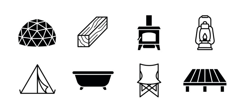 Black minimalist icon set for glamping and camping featuring a geodesic dome, tent, wood stove, lantern, firewood, bathtub, chair, and wooden deck