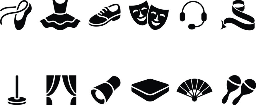 Performing arts and drama theater icons featuring ballet tutu, comedy tragedy masks, stage spotlight, curtains, maracas, and tap shoes