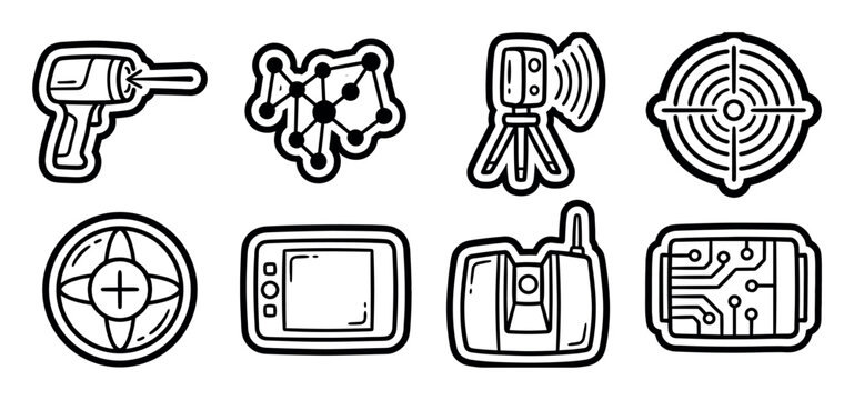 Set of geodetic survey technology icons in a bold, hand-drawn line art style, featuring a total station, laser scanner, GPS receiver, network, and target symbols for mapping