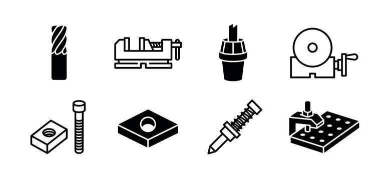Collection of metalworking and CNC machine icons featuring a milling bit, workholding vise, collet, grinder, and fixture clamps in a simple black glyph and line art vector set