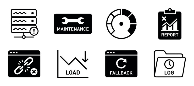 Set of black glyph icons for server status and website maintenance, including symbols for error, report, broken link, load decrease, fallback, and log files for UI design