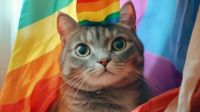 Curious Cat Surrounded by Rainbow Flags