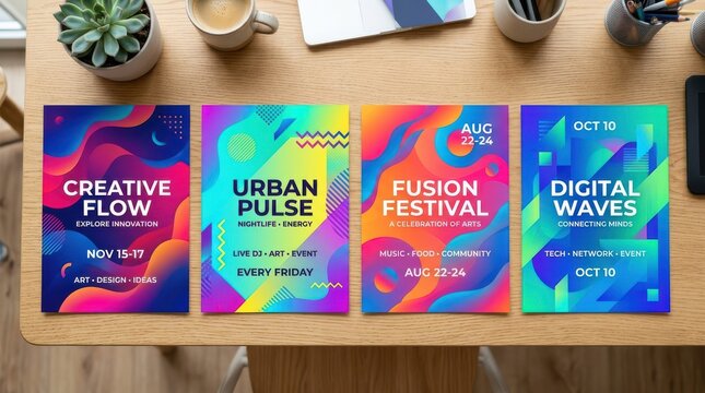 Four colorful abstract event flyer posters