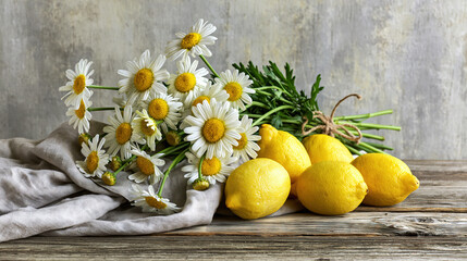 Fototapeta premium White daisies with yellow lemons on a wooden table