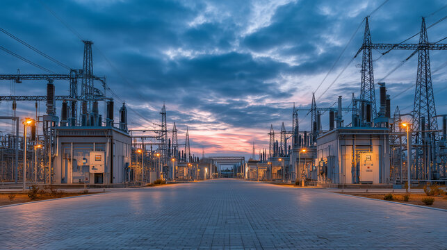 High Voltage Substation Electrical Grid Power Infrastructure Sunset Industry Technology Evening Landscape Engineering View high, voltage, substation, electrical, grid, power, infra