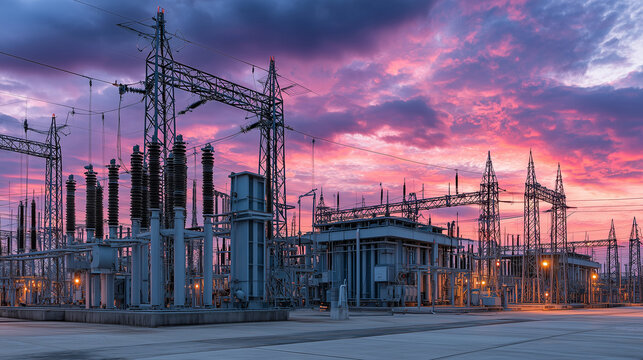 Power Distribution Substation Energy Infrastructure High Voltage Grid Sunset Twilight Engineering Technology Landscape distribution, substation, energy, infrastructure, high, volta