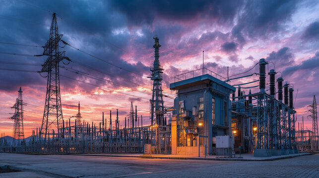 Power Distribution Substation Energy Infrastructure High Voltage Grid Sunset Twilight Engineering Technology Landscape distribution, substation, energy, infrastructure, high, volta