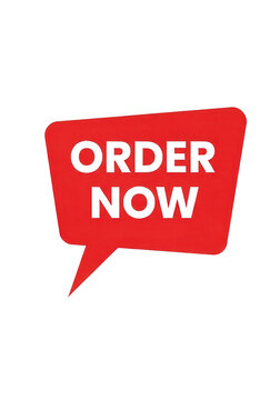 Order now red speech bubble icon, call to action button for e-commerce, vibrant red marketing sticker with white text on white background