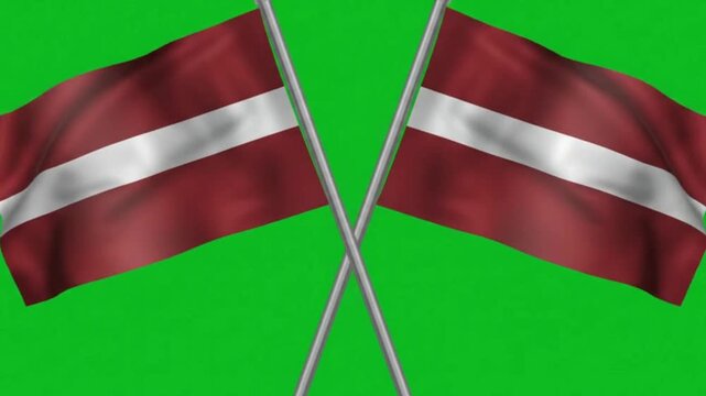 Two crossed flags of latvia waving against a green screen background