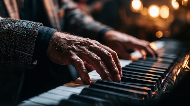 Hands play a captivating jazz tune. Focused musician creates a beautiful sonata on stage.