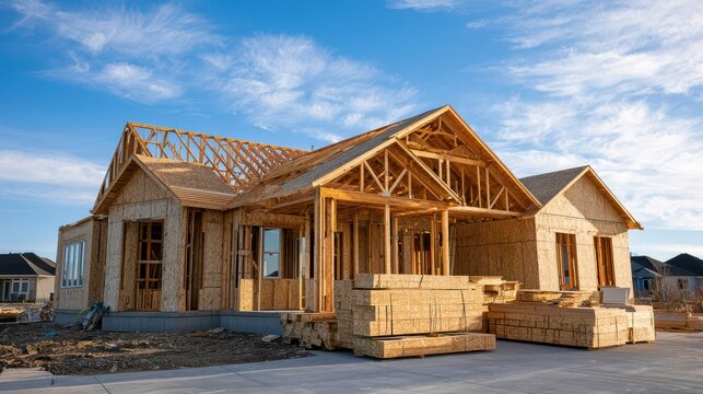 Suburban residential house wooden frame under construction on sunny day