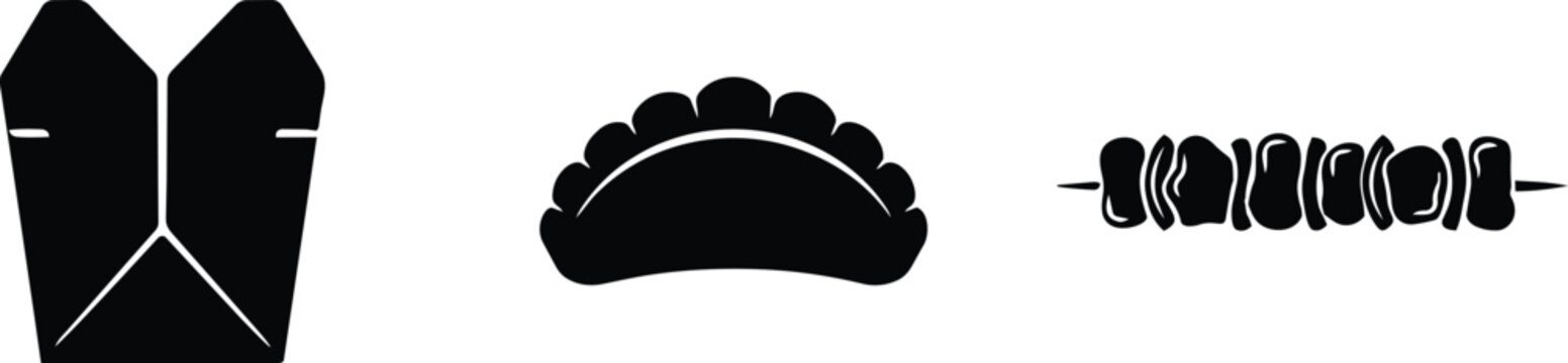 Chinese takeout box, asian dumpling, and grilled shish kebab skewer icons as black silhouette food symbols for restaurant menus and noodle container