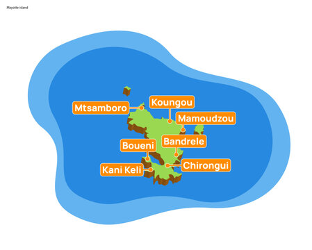 3d vector illustration graphic green color geographical map of Mayotte island with largest places shown