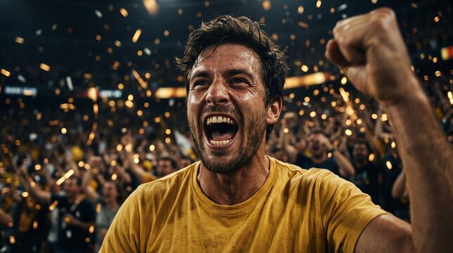 Man cheering in stadium with confetti during soccer championship final 2026 soccer world championship tournament