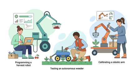 Naklejka premium Modern agriculture: robots, technology, programming, testing, calibration, farming