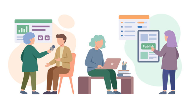Teamwork and communication in modern office, interview and digital publishing concept