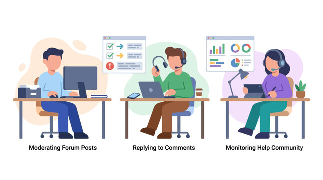 Customer support team working in an office, handling online communication and data analysis