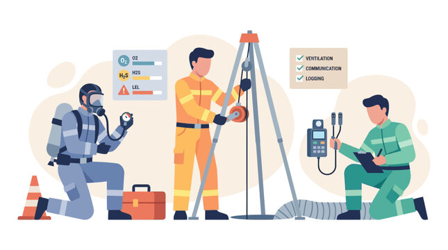 Team of specialists performing safety inspection and rescue operation in confined space