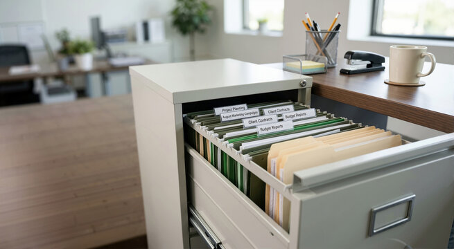 Open filing cabinet drawer with organized folders in a modern office. Neatly arranged documents with labels for planning and reports. Back to work concept